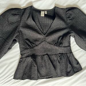 Elegant Black V-Neck Blouse with Puff Sleeves